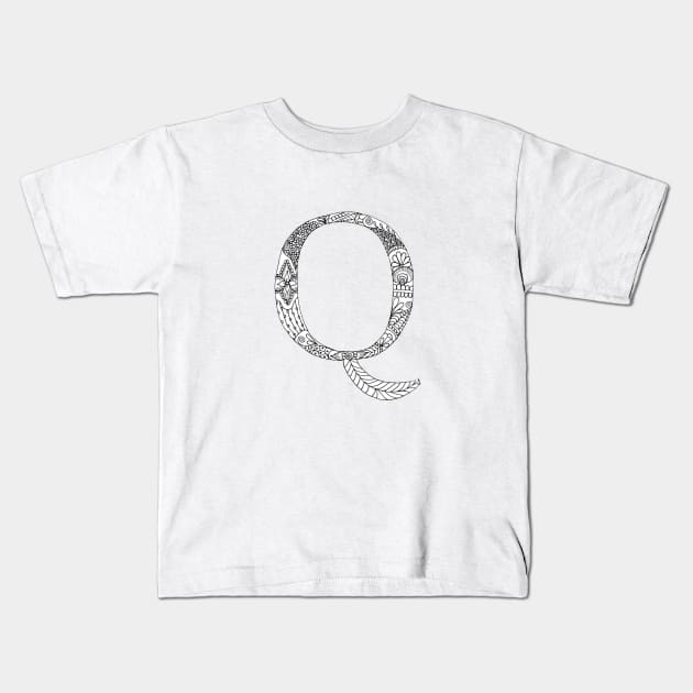 Henna Alphabet Q / Henna Letter Q - Black Henna Line Art Kids T-Shirt by Tilila